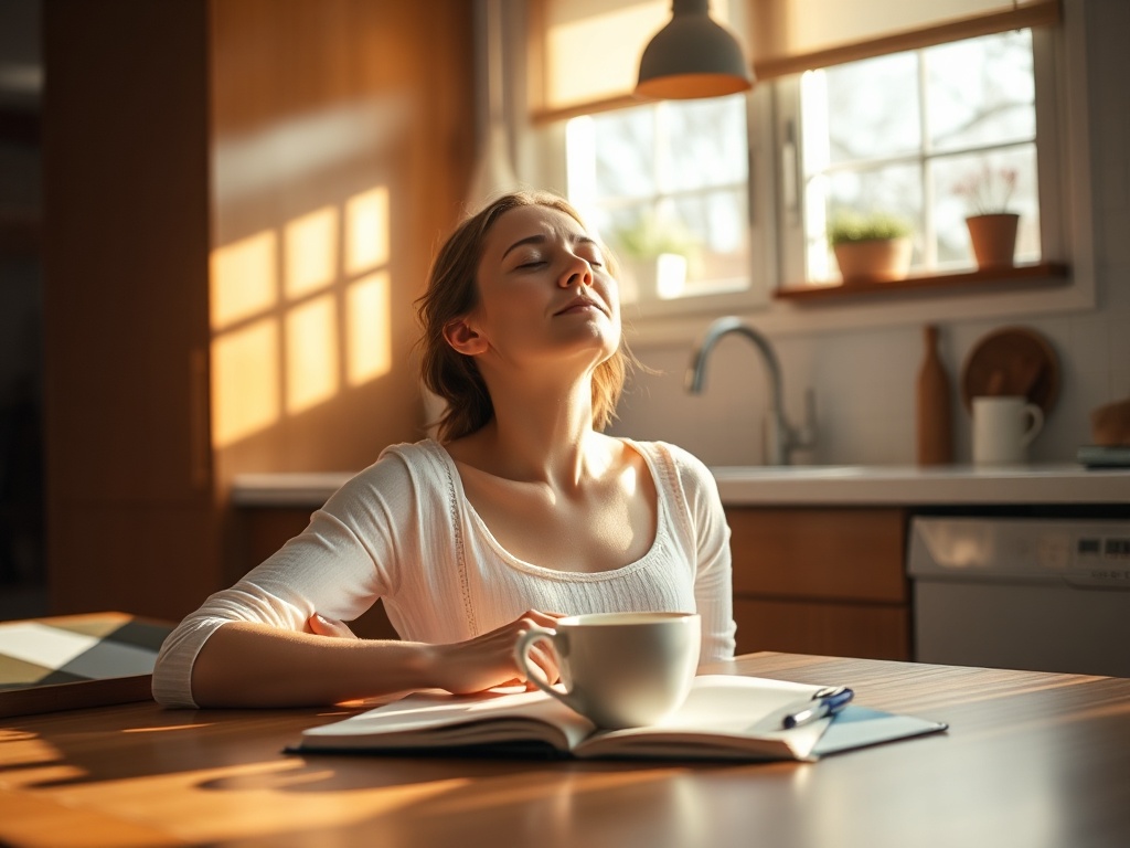"Serene kitchen table morning" "woman relaxed, eyes closed, breathing" "soft sunlight, warm tones" "tea cup, open notebook, pen" "calm, focused atmosphere"