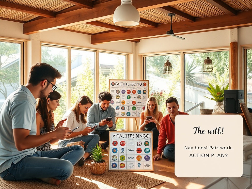"A lively horeca team in a sunlit break area, digital devices open, diverse staff performing micro-remedies; a vibrant VitaliteitsBingo board, Buddy Boost pair-work, and a pale-green action plan icon nearby."