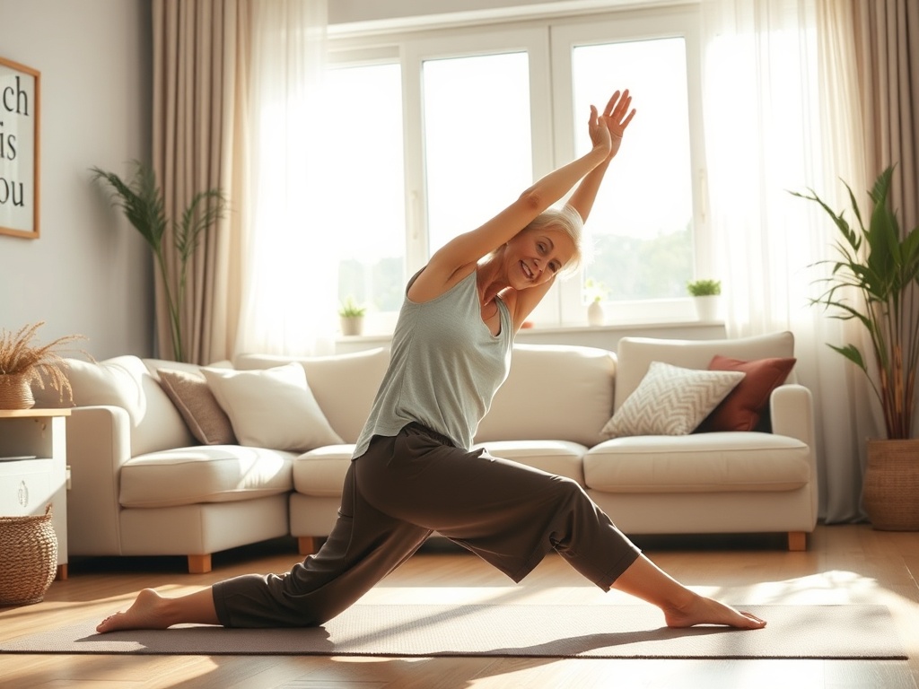 "A serene, sunlit living room scene with a middle-aged woman gracefully stretching in soft yoga pose, gentle fascia-focused tools nearby, calm breathing motif, warm tones."