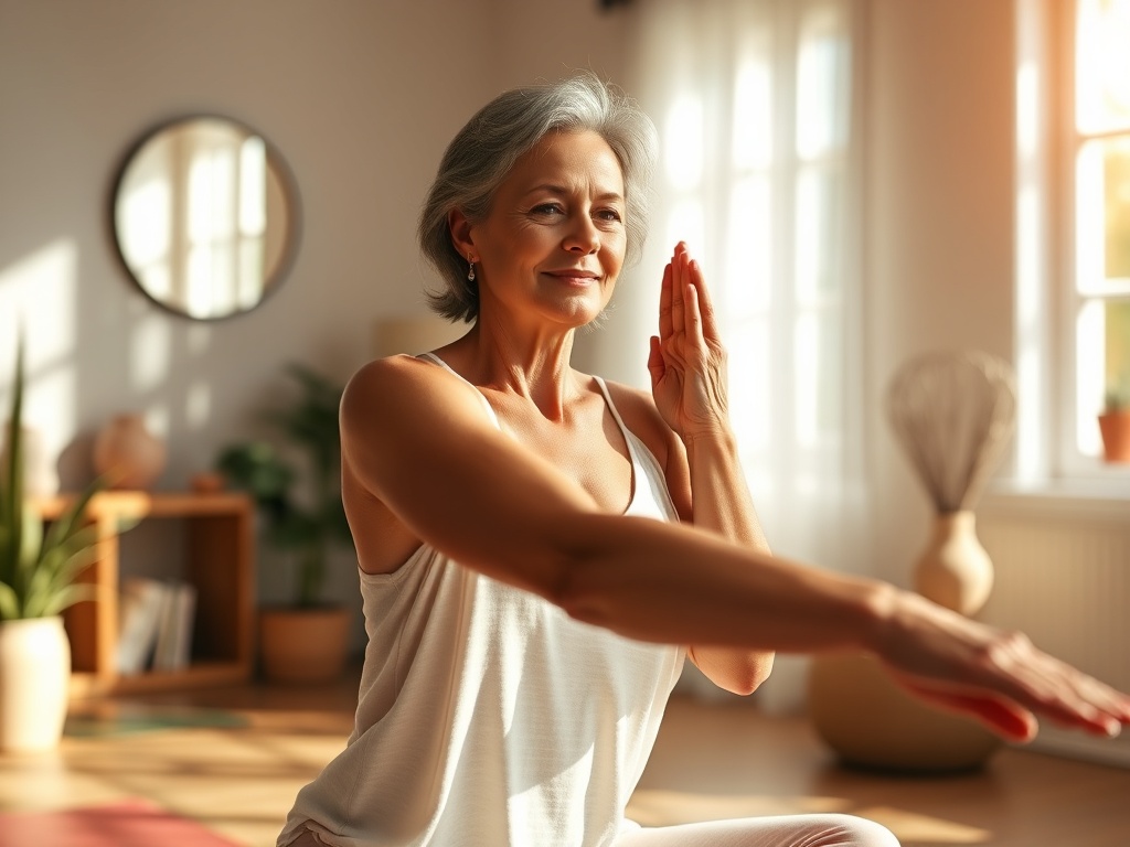 "A serene, sunlit studio scene showing a middle-aged woman in soft yoga attire, gentle fascia stretches using props, calm facial expression, warm colors, minimalistic decor, tranquil atmosphere."