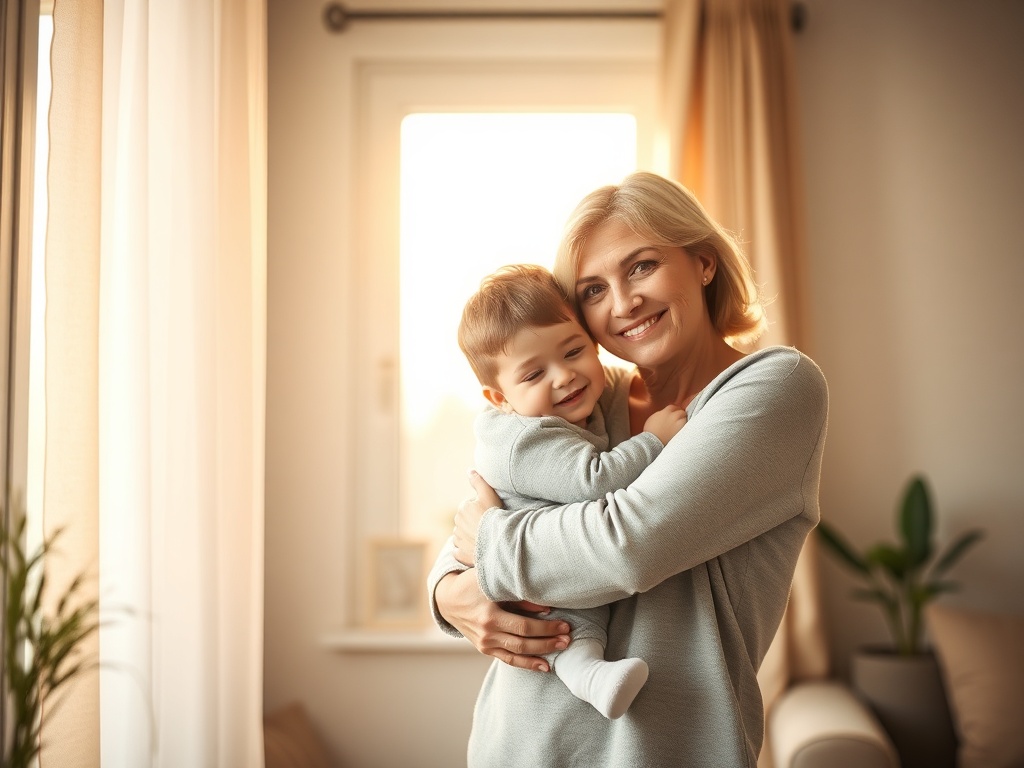 "serene mother embracing child" "soft morning light through window" "calm warm color palette" "subtle home interior with cozy textiles" "gentle smiles, relaxed posture"