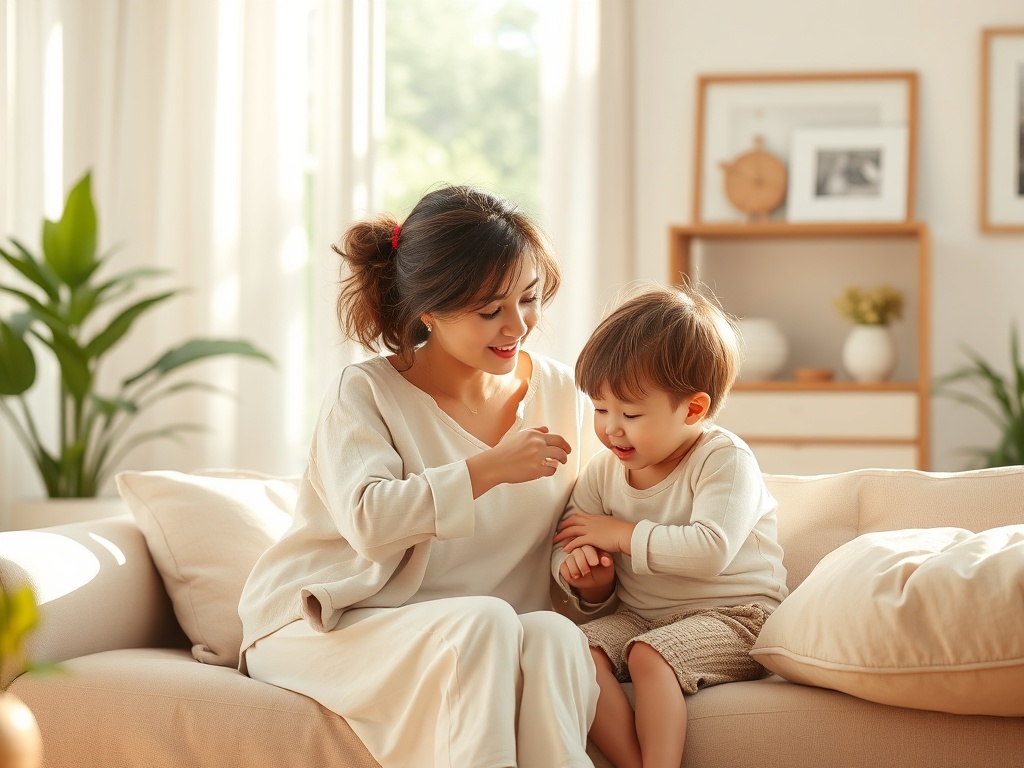 A calm, sunlit living room scene with a creative mother and two children, soft colors, sensory details, gentle movement, warm embrace, peaceful balance.