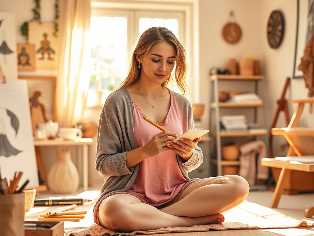 A serene mother-creator in a sunlit studio, surrounded by warm colors, sketching, weaving, and gentle yoga, symbols of balance between head, heart, body, and soul. "