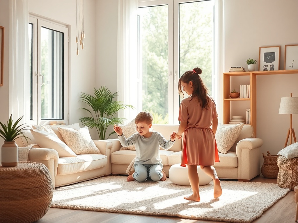 A calm, sunlit living room scene with a creative mother and two children, soft colors, sensory details, gentle movement, warm embrace, peaceful balance.