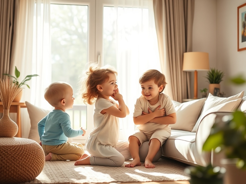 A calm, sunlit living room scene with a creative mother and two children, soft colors, sensory details, gentle movement, warm embrace, peaceful balance.