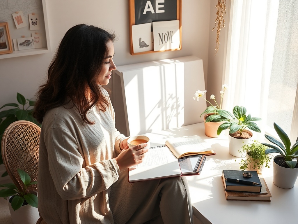 "A serene, sunlit workspace where a mother sits with a cup of tea, radiant cards spread, gentle plants, and a journal, awakening creativity."