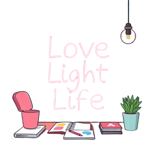 "Love Light Life" "inspiratiekaarten" "creativity" "mom" "calm" "focus" "visionboard" "journal" "micro-oefening" "kaarten" "kracht" "kompas" "intentie" "rust" "balans" "dagelijkse prompts" "tafel" "kaart" "neon accents" "pastel palette" "helder lijnwerk"