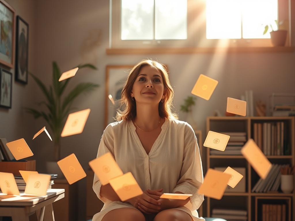 "A radiant mother in a sunlit studio, surrounded by floating, ethereal cards, each glowing softly with warm hues and simple icons, serene balance."