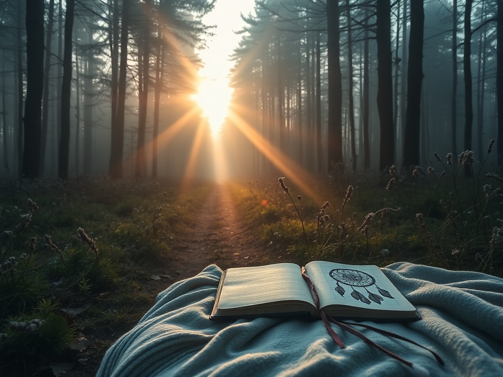 Misty forest trail at dawn, warm sunbeams through heather, soft blanket on ground, journal and dreamcatcher-like feathers, contemplative mood, serene nature, no people.