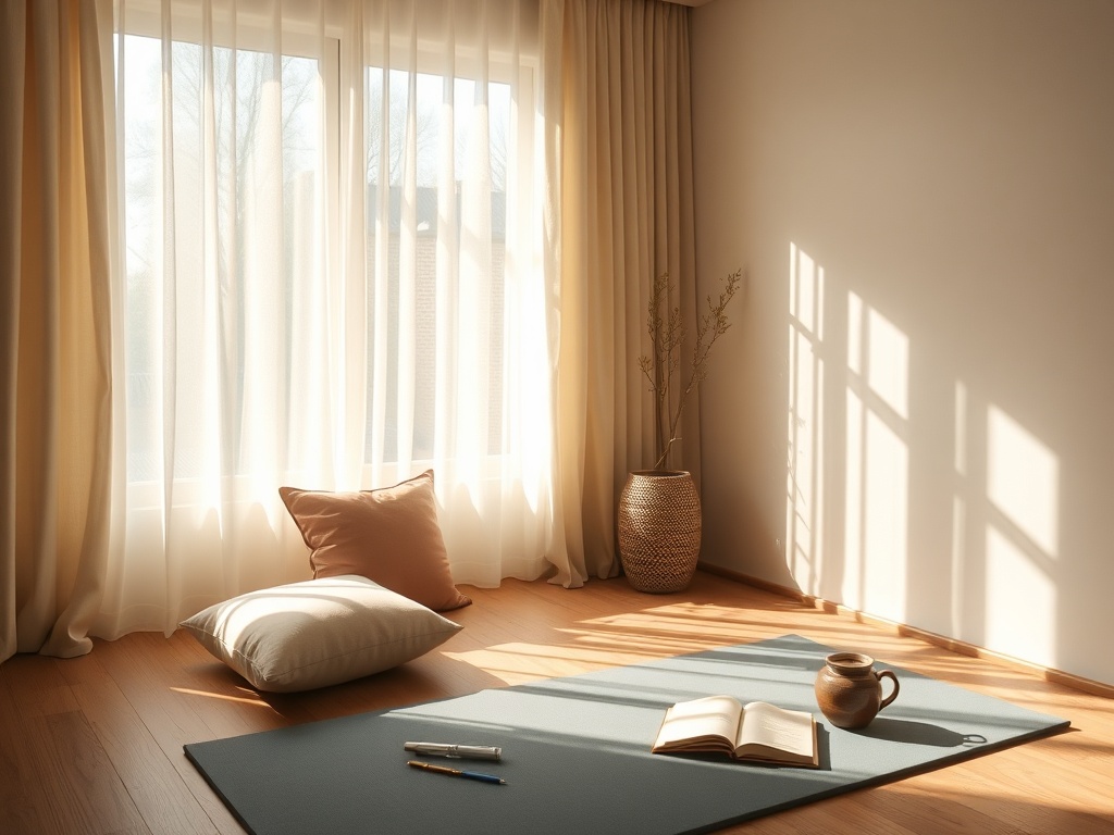 "Calm morning room" "soft sunlight through sheer curtains" "yoga mat, cushions, journal, steaming tea" "gentle breathing exercise scene" "peaceful, warm palette"