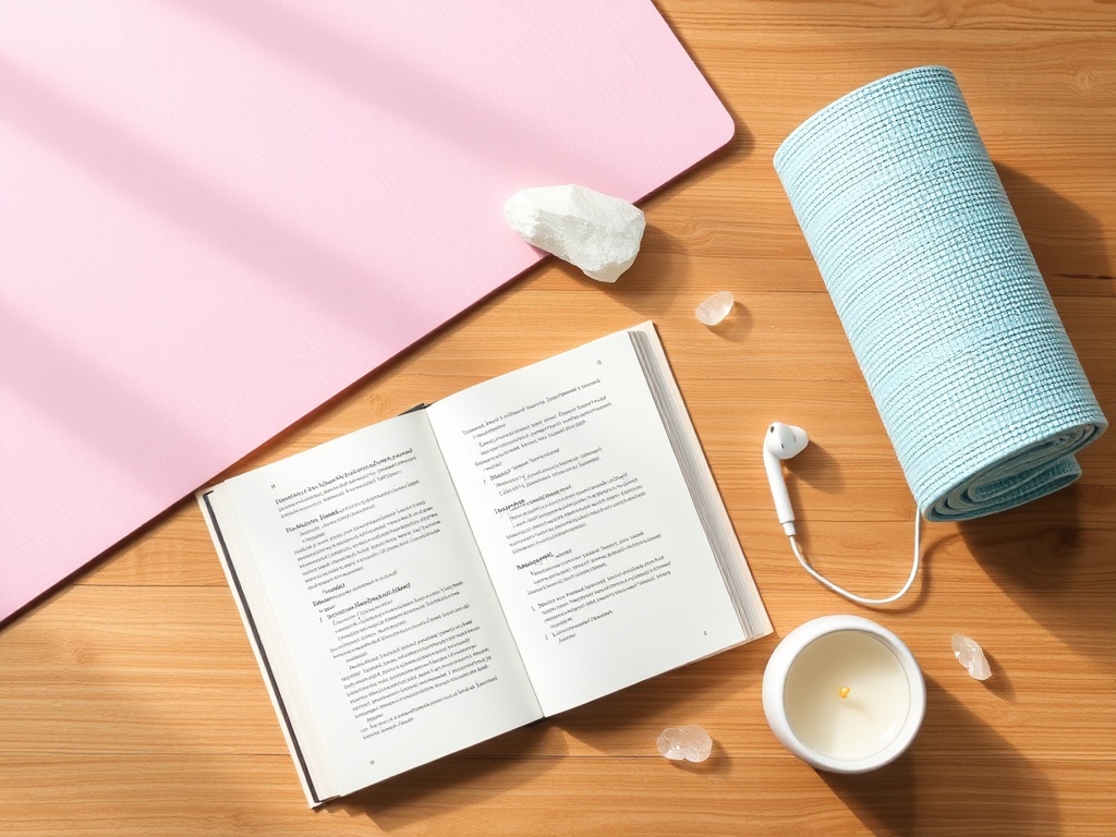 "flatlay" "self-care starter kit" "soft pastel palette" "rolled yoga mat" "open booklet pages" "small candle" "crystal" "earbuds" "calm natural light" "minimal wooden table"