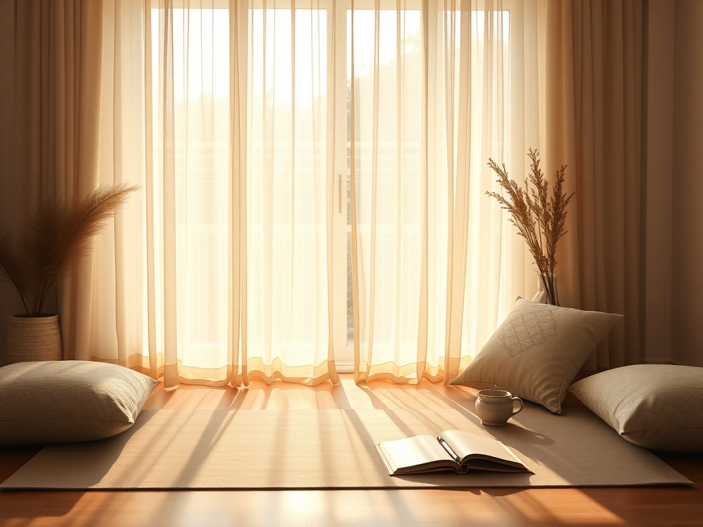 "Calm morning room" "soft sunlight through sheer curtains" "yoga mat, cushions, journal, steaming tea" "gentle breathing exercise scene" "peaceful, warm palette"