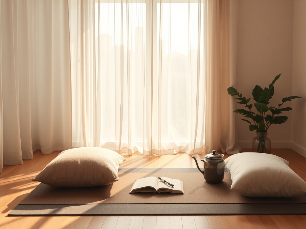 "Calm morning room" "soft sunlight through sheer curtains" "yoga mat, cushions, journal, steaming tea" "gentle breathing exercise scene" "peaceful, warm palette"