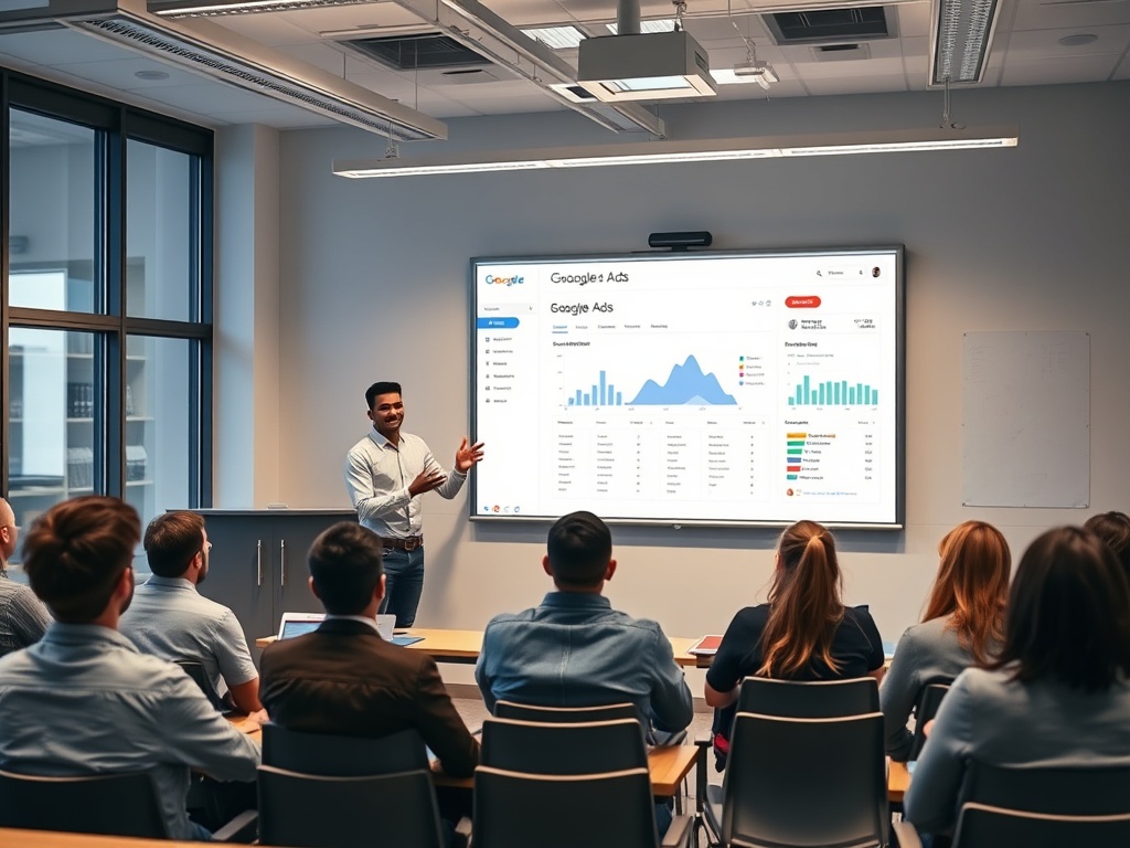 A bright, modern classroom scene with a friendly tutor presenting a large glowing Google Ads dashboard on a wall, diverse entrepreneurs watching eagerly. "