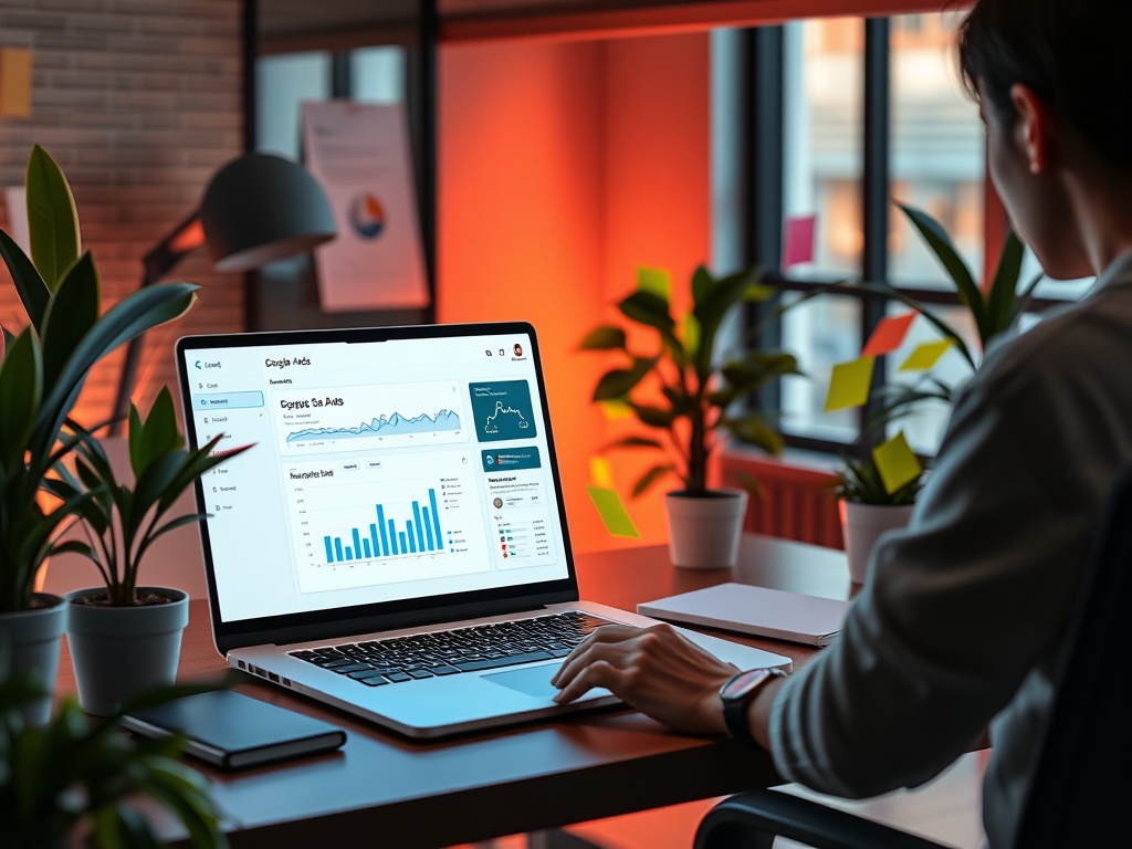 "A dynamic, modern workspace scene with a glowing laptop showing a Google Ads dashboard, sleek office plants, and a person strategizing with sticky notes." You MAY only use up to 25 words.