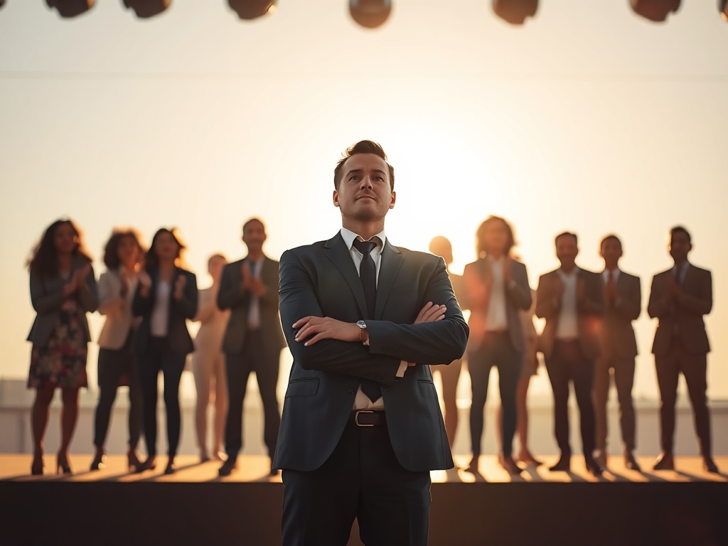 "A confident yet contemplative professional on a sunlit stage, spotlight highlighting their authentic posture, diverse team silhouettes applauding in the background."