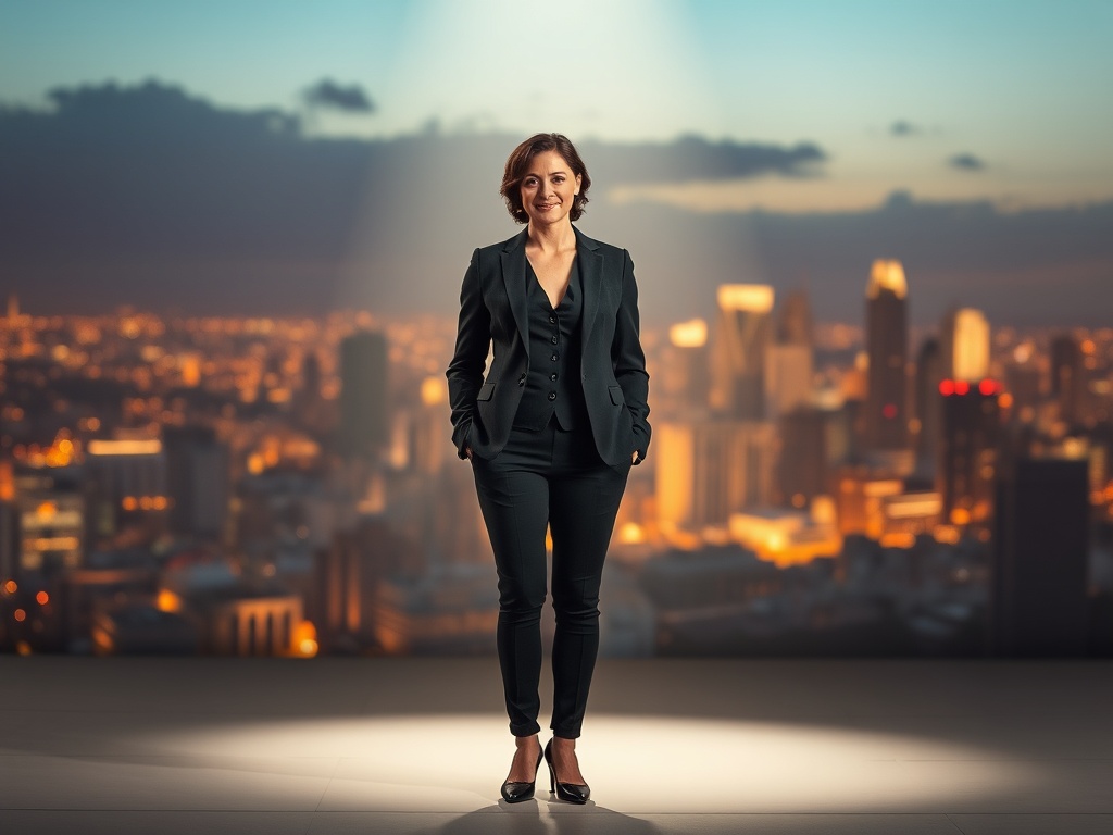 A confident professional on a lit, minimalist stage; warm spotlight, abstract cityscape beyond; presence, clarity, authentic leadership, vibrant energy.