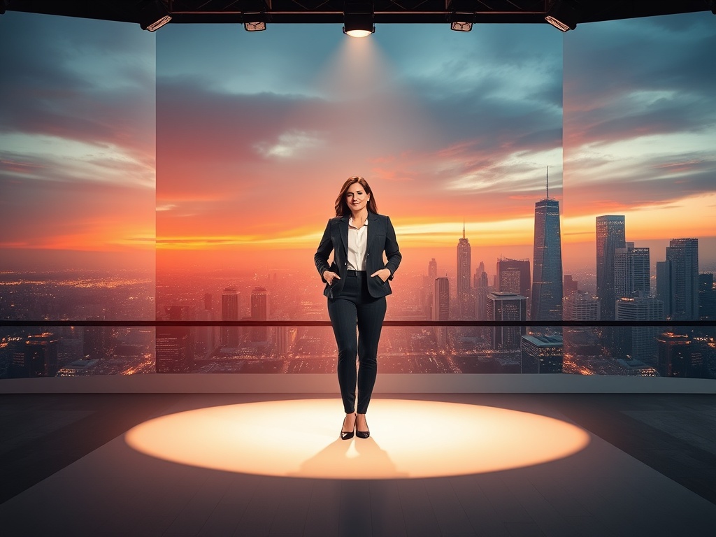 A confident professional on a lit, minimalist stage; warm spotlight, abstract cityscape beyond; presence, clarity, authentic leadership, vibrant energy.