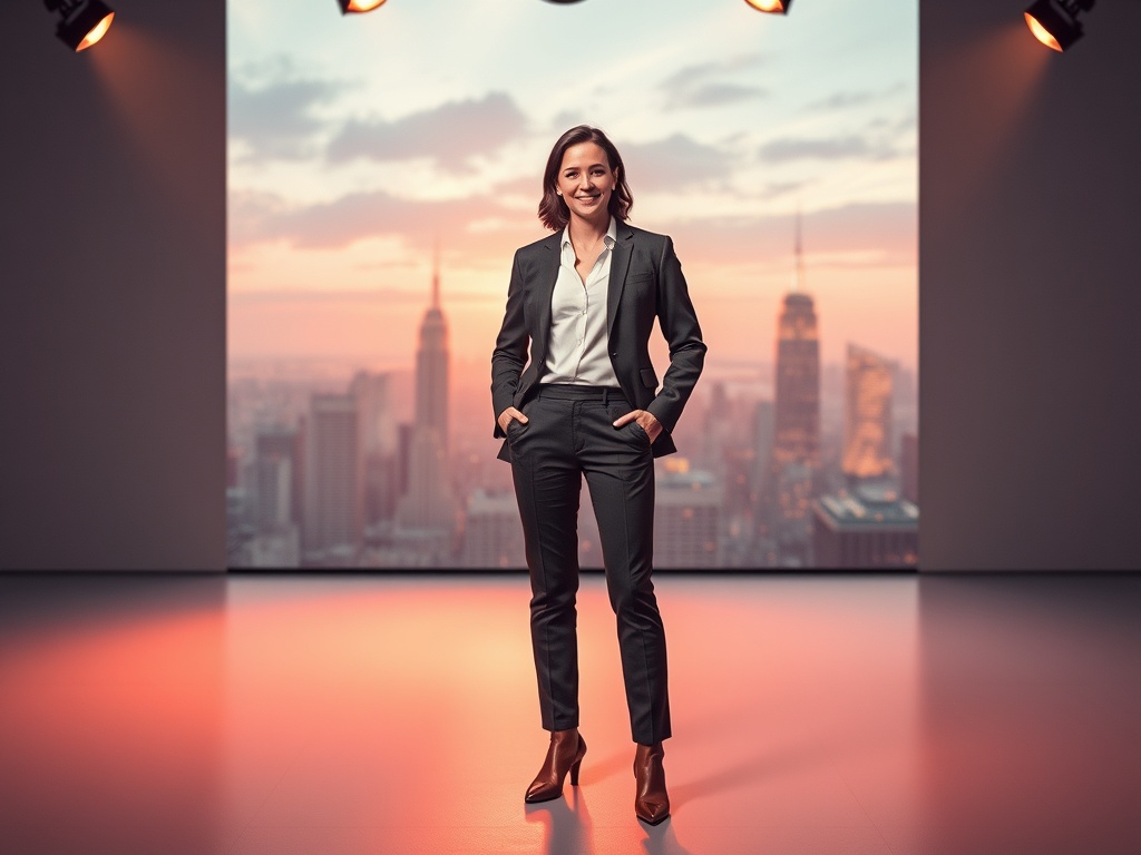 A confident professional on a lit, minimalist stage; warm spotlight, abstract cityscape beyond; presence, clarity, authentic leadership, vibrant energy.