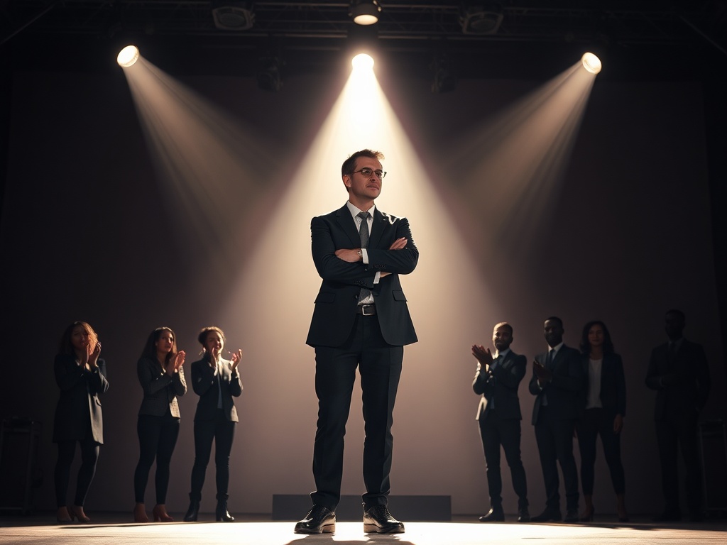 "A confident yet contemplative professional on a sunlit stage, spotlight highlighting their authentic posture, diverse team silhouettes applauding in the background."