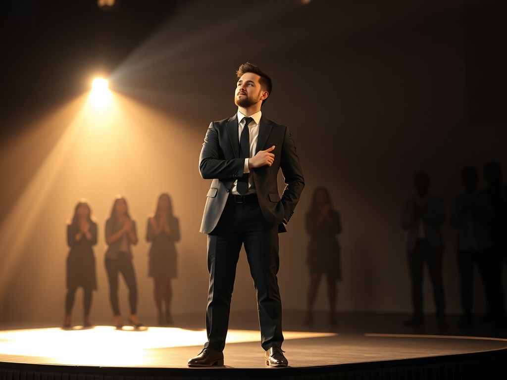 "A confident yet contemplative professional on a sunlit stage, spotlight highlighting their authentic posture, diverse team silhouettes applauding in the background."