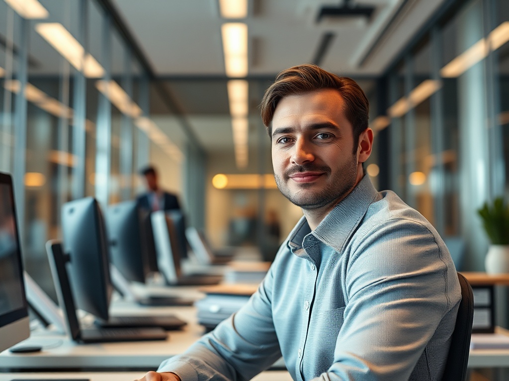 "A focused, confident leader in a sleek, modern workspace; warm lighting; subtle motion blur; glass walls; organized desk; calm, determined expression."