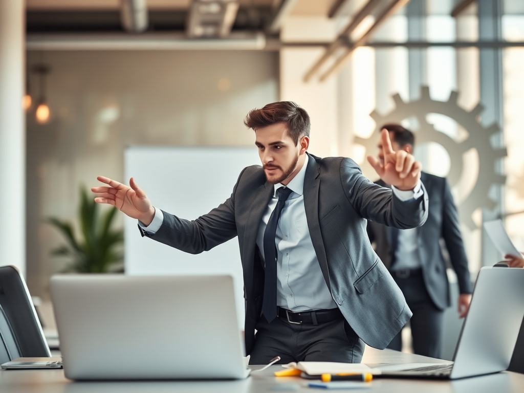 "A dynamic, focused professional in a modern office, mid-action during a brief, energized learning module; warm light, clean lines, calm yet powerful aura, abstract gears subtly in background."