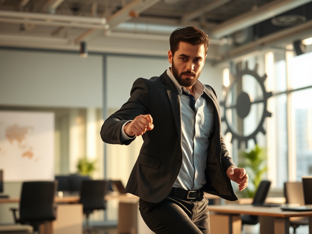 "A dynamic, focused professional in a modern office, mid-action during a brief, energized learning module; warm light, clean lines, calm yet powerful aura, abstract gears subtly in background."