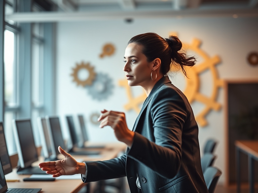 "A dynamic, focused professional in a modern office, mid-action during a brief, energized learning module; warm light, clean lines, calm yet powerful aura, abstract gears subtly in background."