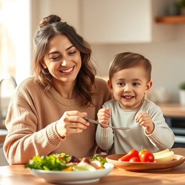 "warm kitchen scene" "mother and child sharing healthy meal" "soft morning light through window" "calm smiling faces" "natural plates, simple food" "cozy, inviting colors"