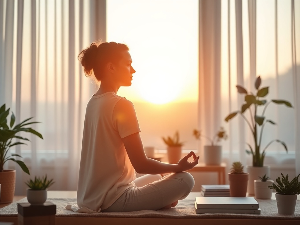 "Serene mother meditating at sunrise" "soft warm light through window" "calm home workspace with plants" "gentle breath visible as light mist" "minimal, cozy colors"