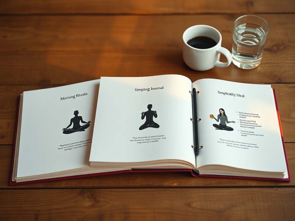 "Three stacked open journals on a wooden table" "Each page shows morning rituals