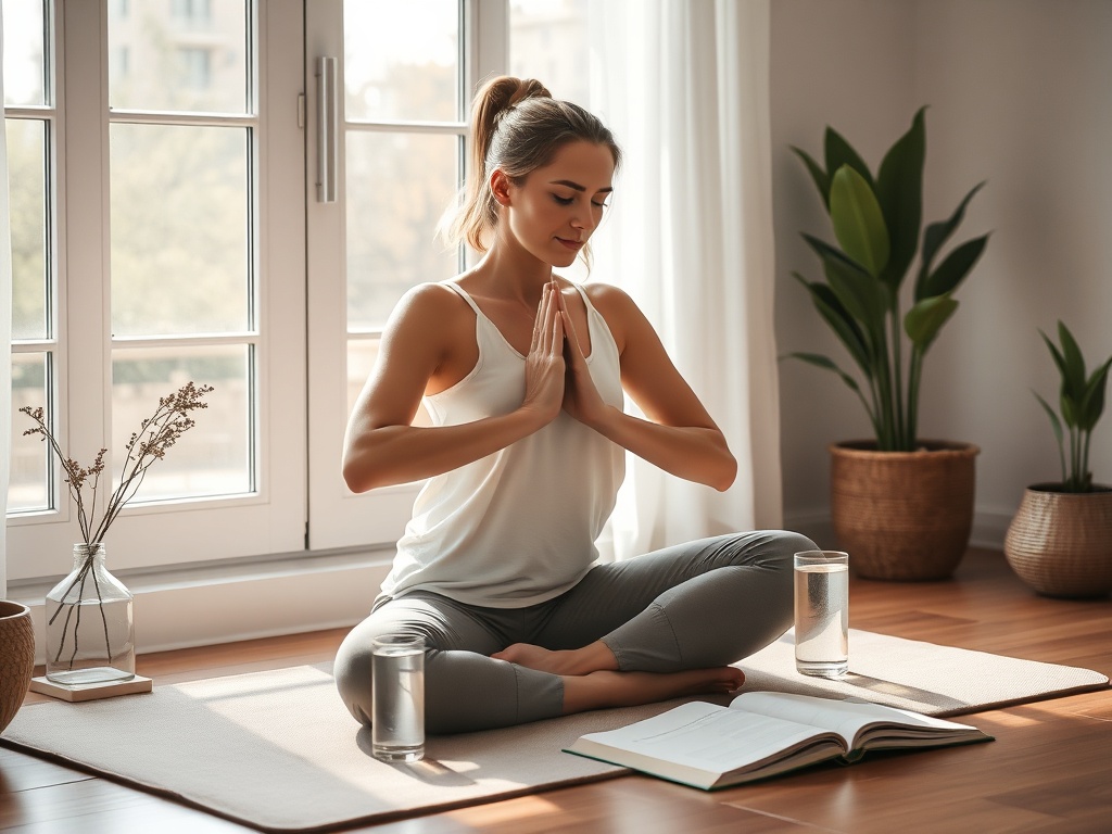"serene mother practicing gentle yoga" "soft morning light through window" "cozy mat, glass of water, open journal" "calming plants, warm neutral palette" "feeling of renewal, peaceful confidence"