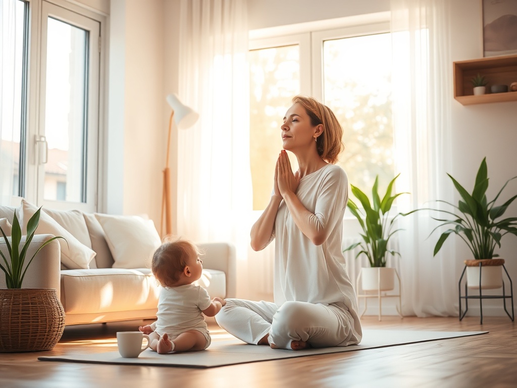 "Serene mother practicing gentle breathwork in sunlit living room" "soft pastel colors" "small child playing peacefully nearby" "yoga mat, cup of tea, indoor plants" "calm, warm golden hour lighting"