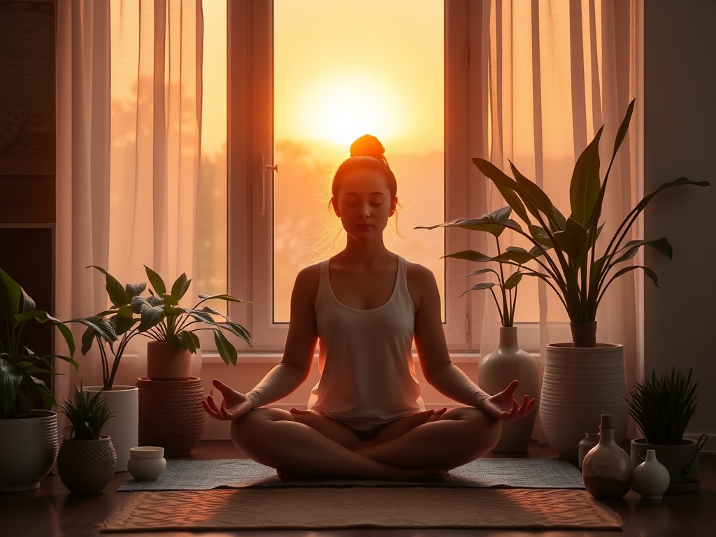 "Serene mother meditating at sunrise" "soft warm light through window" "calm home workspace with plants" "gentle breath visible as light mist" "minimal, cozy colors"