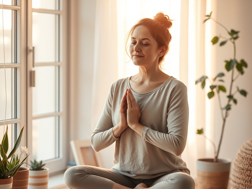 "Serene mother in soft morning light" "gentle yoga pose beside window with plants" "warm neutral tones, cozy home" "calm, peaceful expression" "subtle spiritual symbols like crystals, journal"