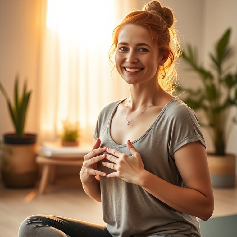 "Serene yoga teacher" "warm golden-hour light" "soft neutral studio with plants" "gentle mother with calm smile" "yoga mat, folded blanket, steaming tea" "hands in heart gesture" "soft depth of field"