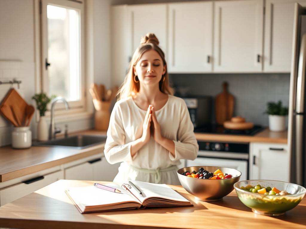 "peaceful morning kitchen" "woman doing 3-minute meditation" "soft sunlight" "notebook with food diary" "healthy meal prep bowls" "gentle family scene" "calm, warm color palette"