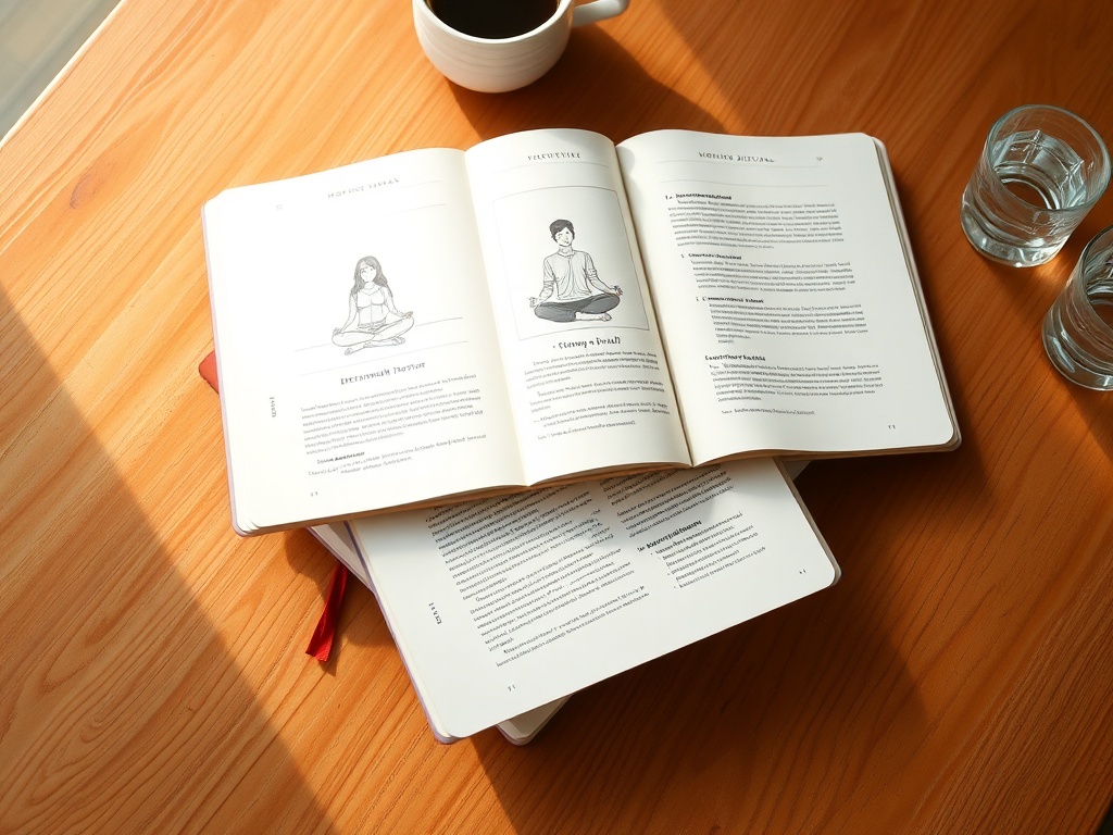 "Three stacked open journals on a wooden table" "Each page shows morning rituals