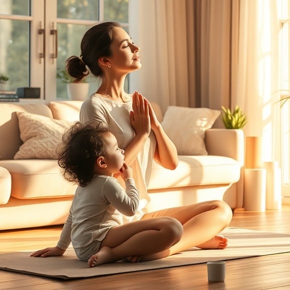"Serene mother practicing gentle breathwork in sunlit living room" "soft pastel colors" "small child playing peacefully nearby" "yoga mat, cup of tea, indoor plants" "calm, warm golden hour lighting"