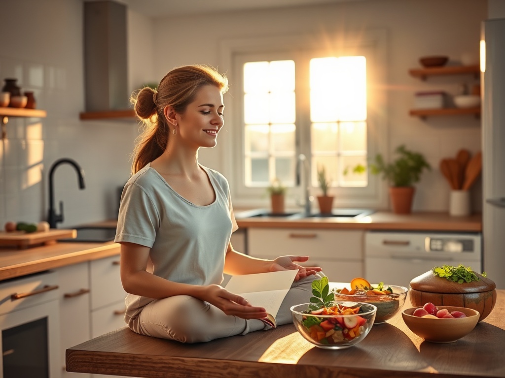 "peaceful morning kitchen" "woman doing 3-minute meditation" "soft sunlight" "notebook with food diary" "healthy meal prep bowls" "gentle family scene" "calm, warm color palette"
