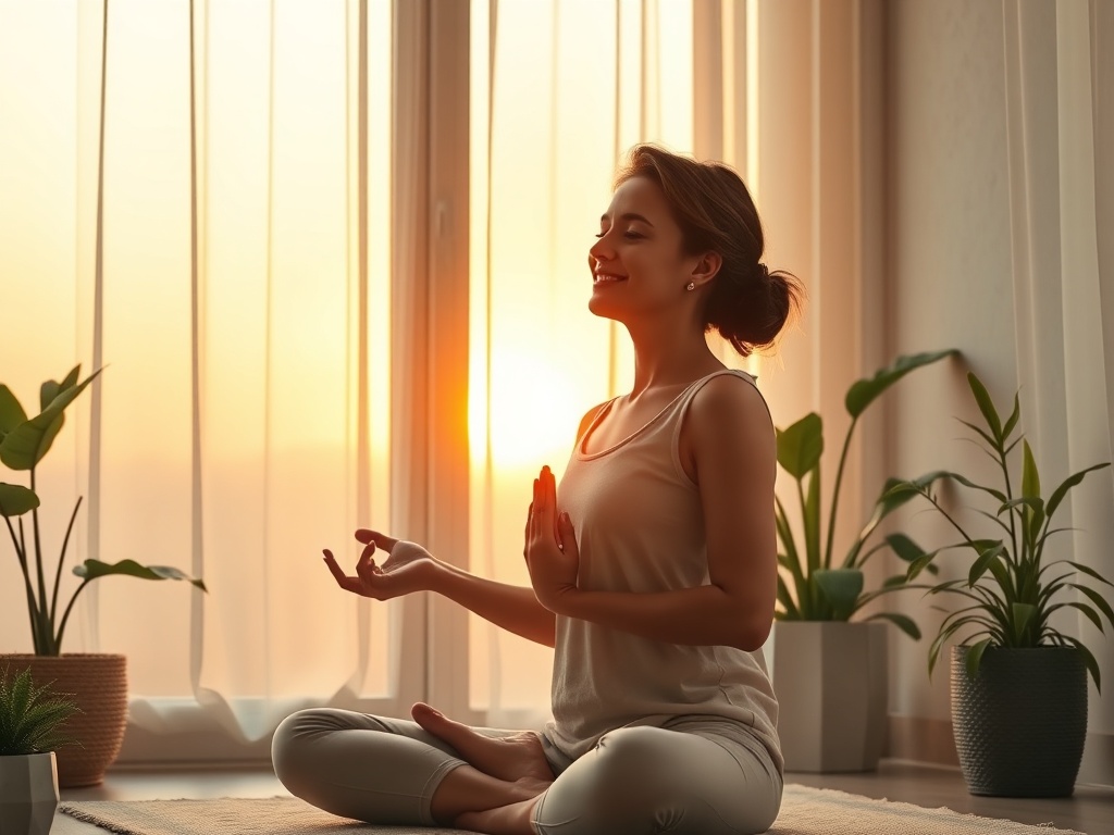 "serene mother meditating at sunrise" "soft golden light" "cozy home corner with plants" "gentle smile, relaxed posture" "warm pastel palette"