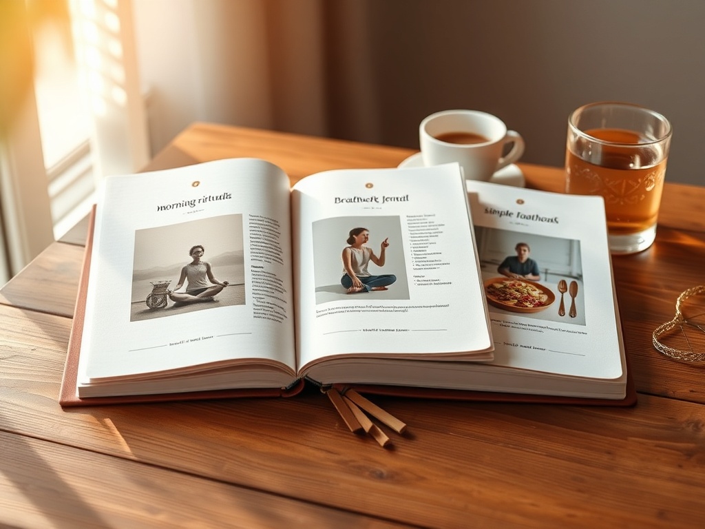 "Three stacked open journals on a wooden table" "Each page shows morning rituals