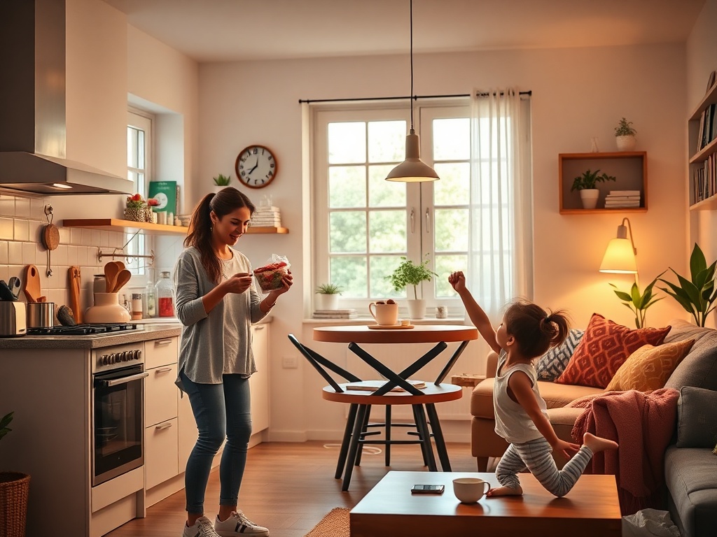"A vibrant kitchen and living room scene showing a busy mom juggling healthy snacks, a clock, a playful child, and simple workout props; warm light, cozy tones, energetic yet calm atmosphere"