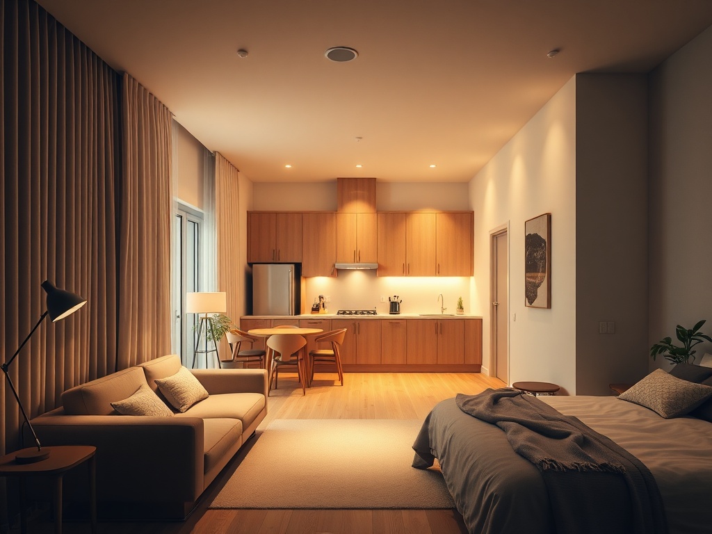 "Warm minimalist interior" "three-layer lighting