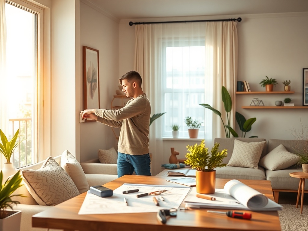 "Cozy modern living room" "soft warm layered lighting" "calm homeowner adjusting smart switch" "blueprints and tools on table" "sunlit window, plants" "organized, inviting atmosphere"