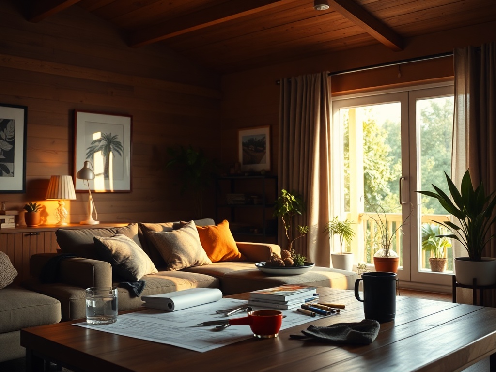 "Cozy modern living room" "soft warm layered lighting" "calm homeowner adjusting smart switch" "blueprints and tools on table" "sunlit window, plants" "organized, inviting atmosphere"