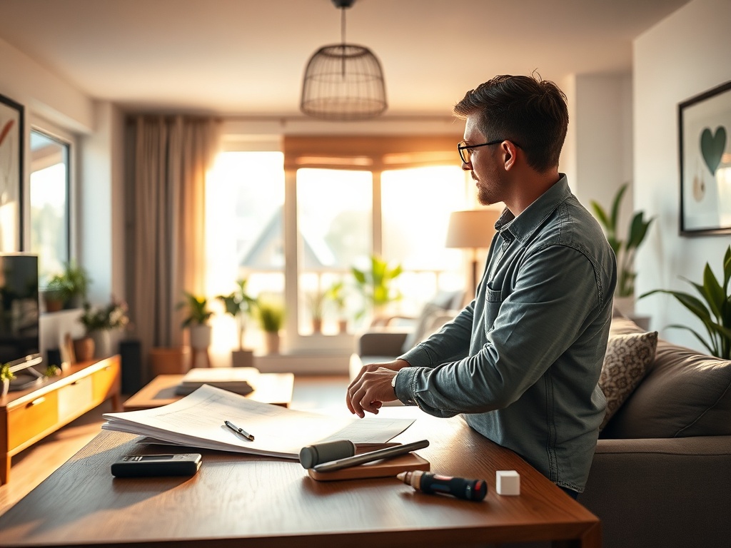 "Cozy modern living room" "soft warm layered lighting" "calm homeowner adjusting smart switch" "blueprints and tools on table" "sunlit window, plants" "organized, inviting atmosphere"