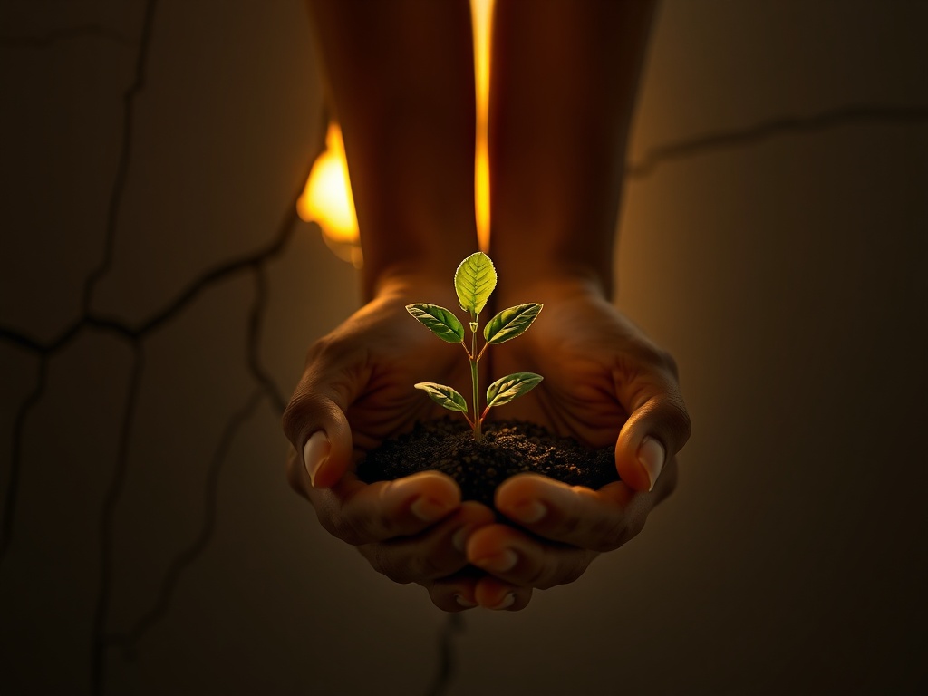 "gentle sunrise through cracked plaster" "hands cupping glowing seedling" "soft clinical room, supportive therapist silhouette" "calm, hopeful palette"