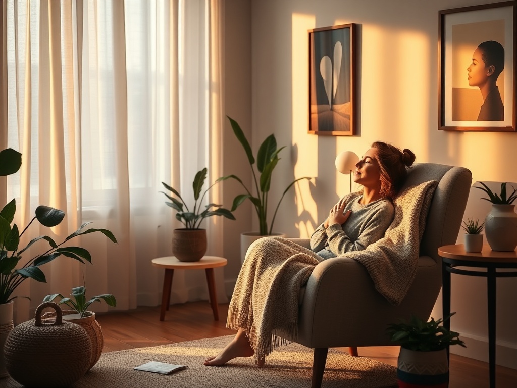 "Cozy therapist's living room" "soft golden light" "plush armchair with blanket" "calm person breathing" "gentle hands nearby" "plants and calming art"